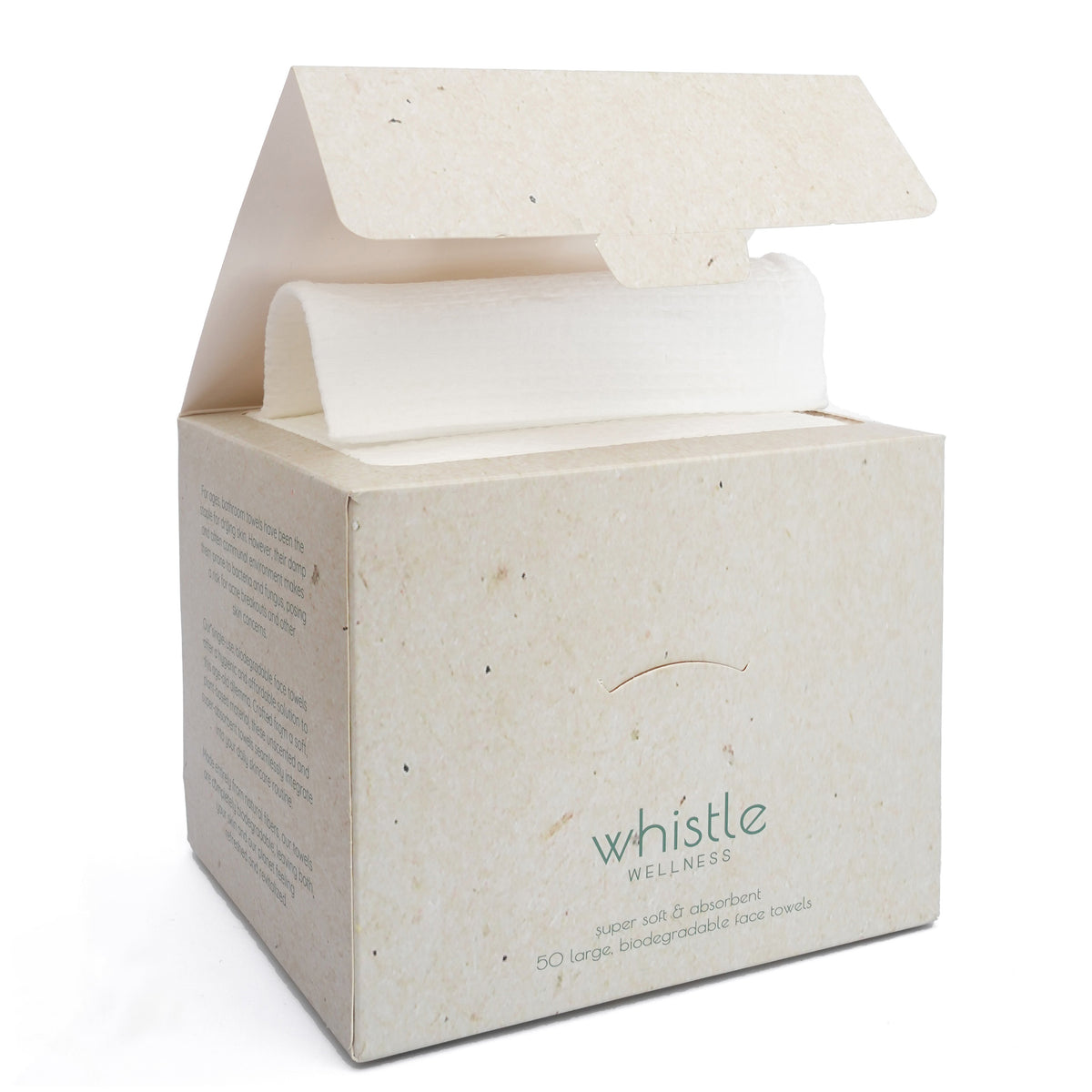 Whistle Wellness XL disposable face towel box with a white towel ready to take