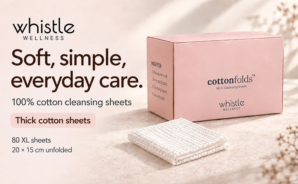 Cottonfolds box with folded cotton cleansing sheets; 80 sheets per box, measuring 20 × 15 cm unfolded.