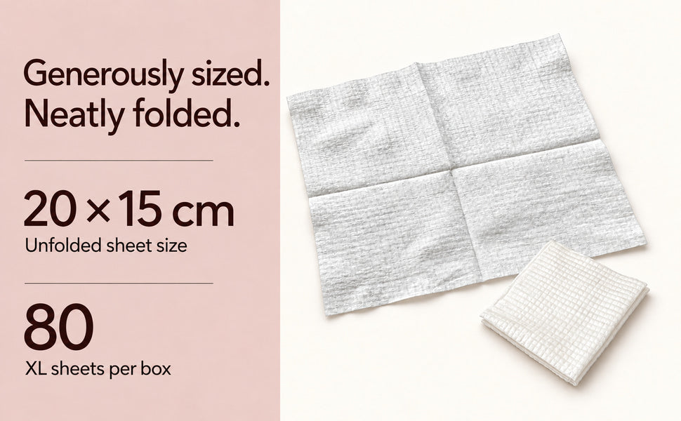Folded and unfolded Cottonfolds cotton sheets, showing 20 × 15 cm unfolded size and 80 sheets per box.