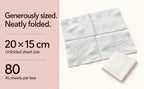 Folded and unfolded Cottonfolds cotton sheets, showing 20 × 15 cm unfolded size and 80 sheets per box.